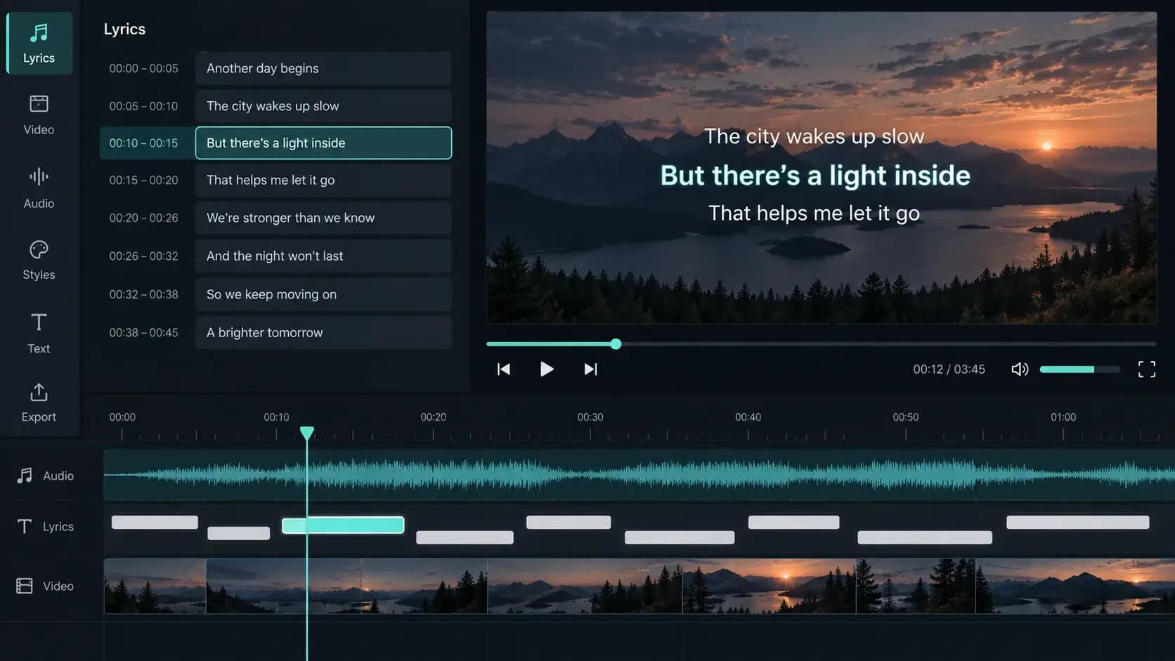 Illustration of timed lyric lines beside a song waveform and video preview