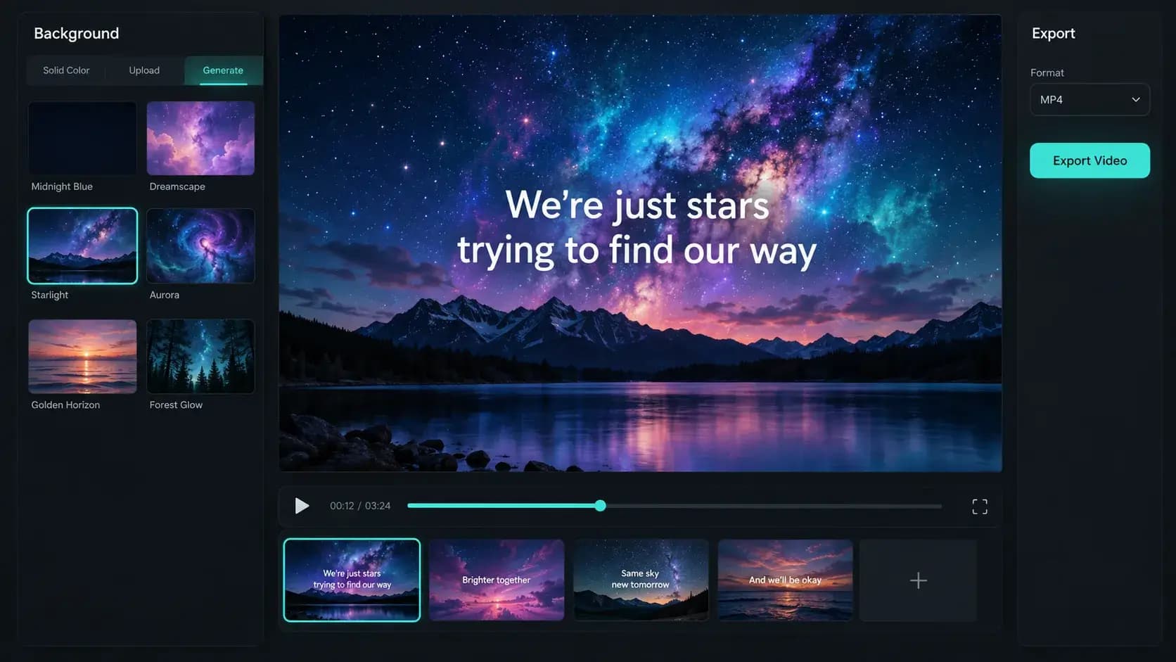Illustration of a lyric video preview with a colorful night sky background
