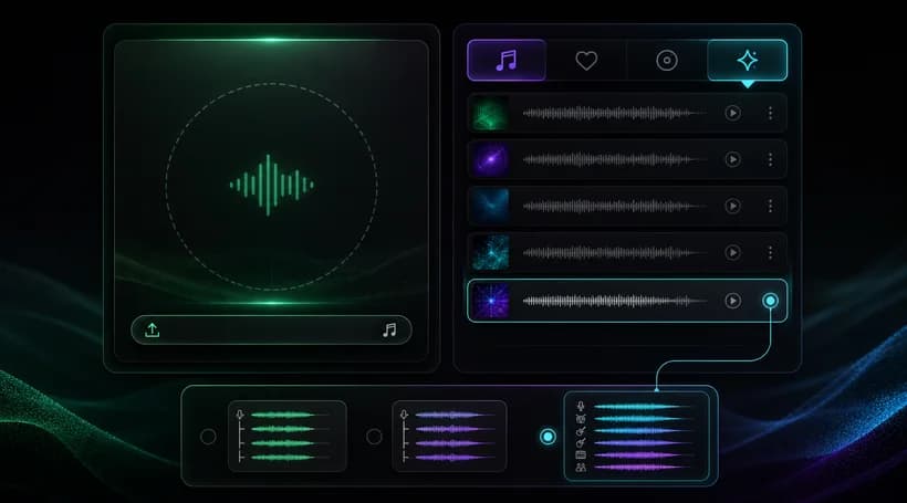 Audio upload area and music library with multiple stem mode choices