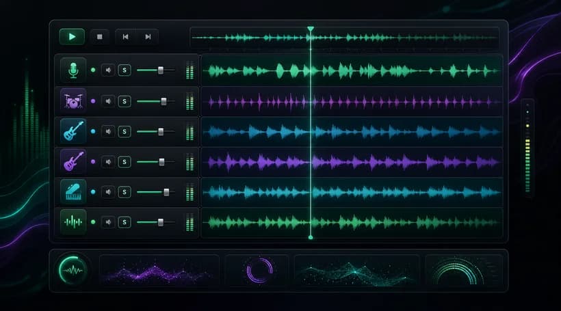 Six-track stem mixer with waveforms, gain, mute, and solo controls
