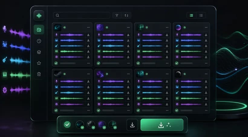 Organized stem splitting results with individual and bundled downloads