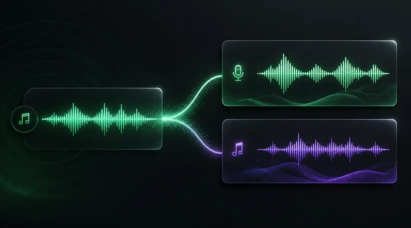 A song waveform splitting into separate vocal and instrumental tracks