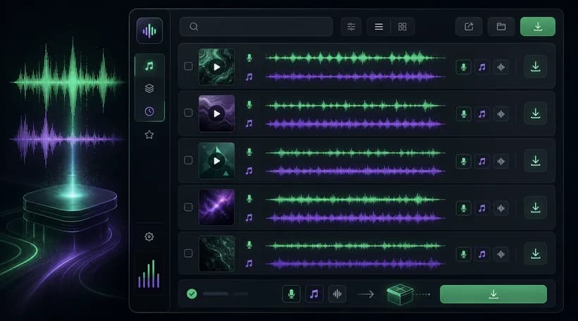 Organized vocal remover results with track download controls