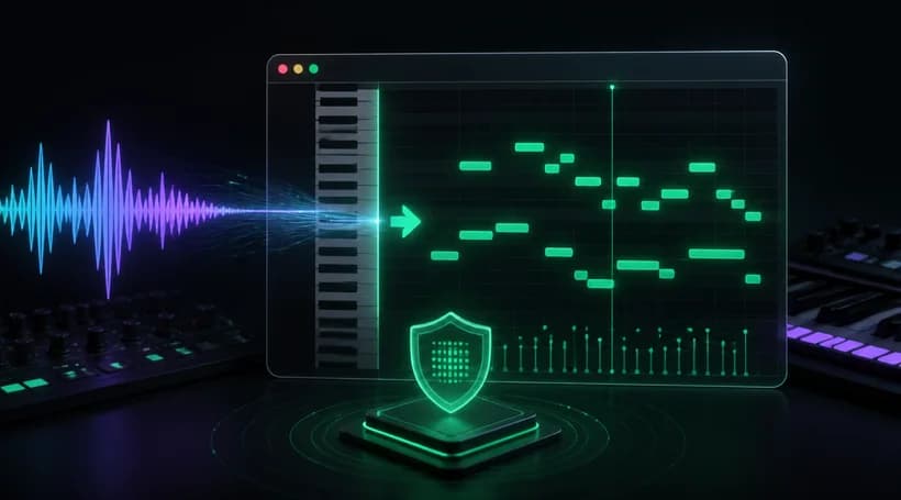 An audio waveform becoming MIDI notes inside a protected browser