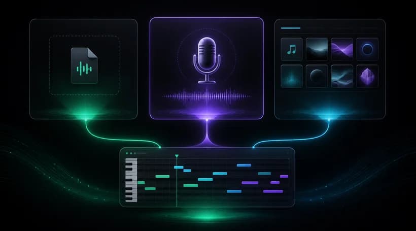 Upload, microphone recording, and music library inputs feeding a MIDI preview