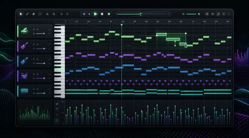 A detailed Piano Roll with editable notes and instrument tracks