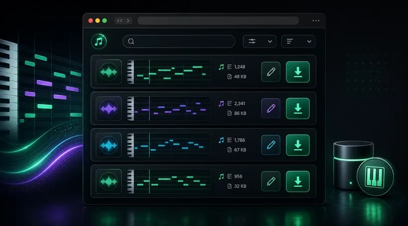 Local MIDI conversion history with editing and download actions