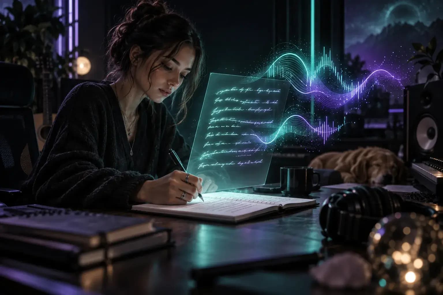 Songwriter writing lyrics in a recording studio