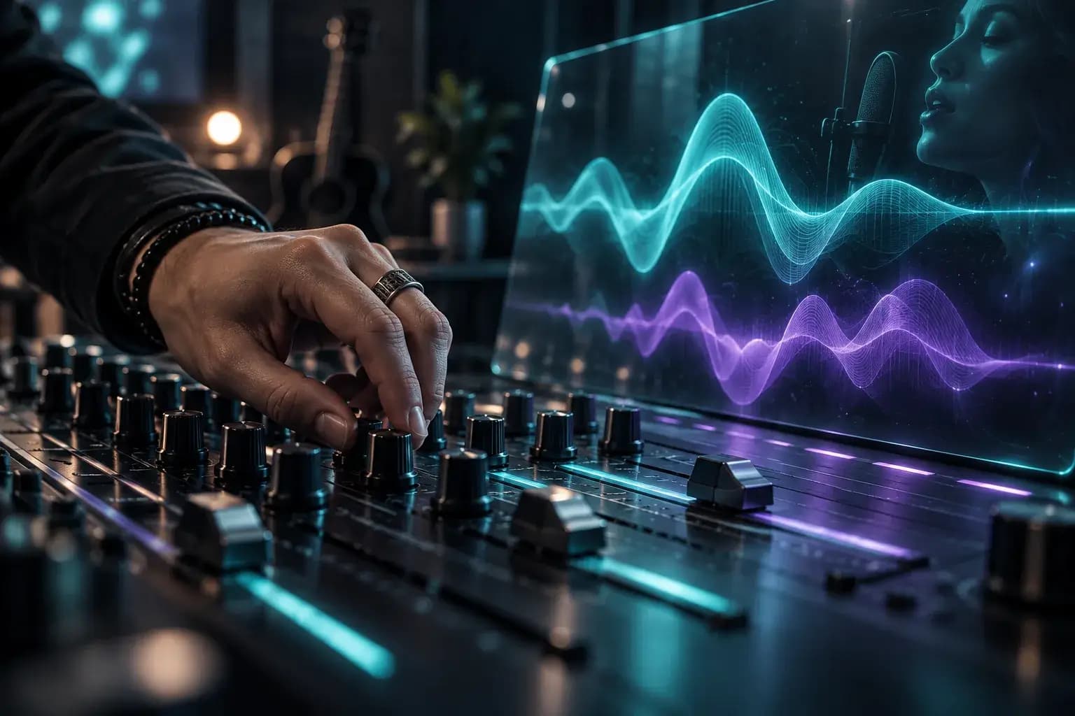 Producer adjusting a mixer to refine a song